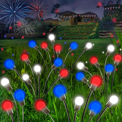 4th of July Decorations, 6 Pack Solar Firefly Lights Outdoor, 36 LED Waterproof Patriotic Decor Garden Lights with 2 Modes for Independence Day National Day Yard Path Decorations (Red White and Blue)
