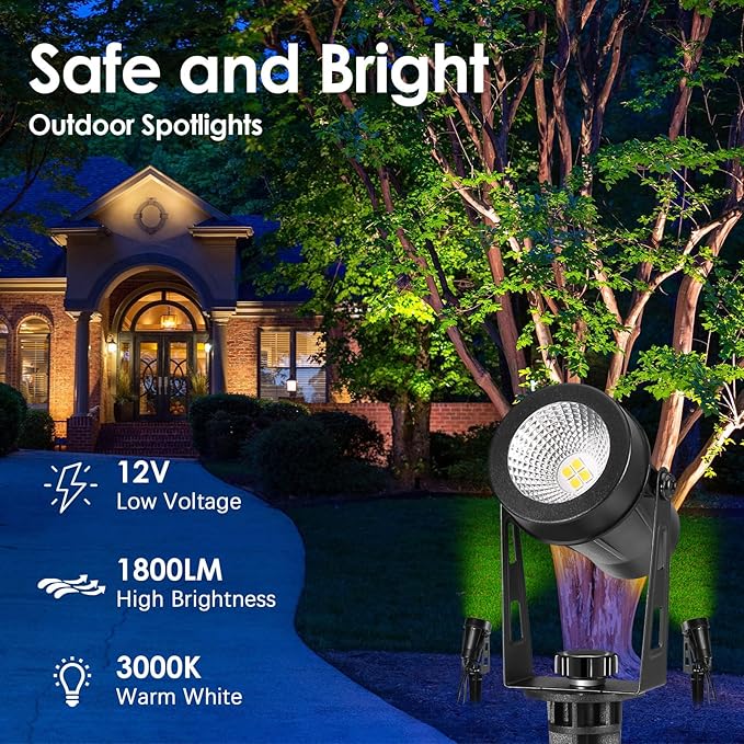 ALOVECO Low Voltage Landscape Lights, 6 Pack LED Spot Lights Outdoor with 30W Transformer IP65 Waterproof, Plug in Outdoor Landscape Lighting for Yard Garden Tree House Flag Pathway (Warm White 2700K)