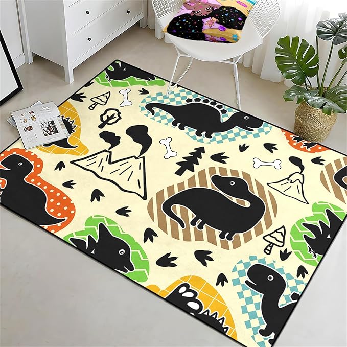 Dinosaur Rugs for Boys Bedroom - Kids Bedroom Rug Dinosaur Pattern Area Rug Kids Play Rugs for Boys Dinosaur Bedroom Decor for Boys Colorful Dinosaur Print Area Rug Kids Rugs for Bedroom,4'5''×6'