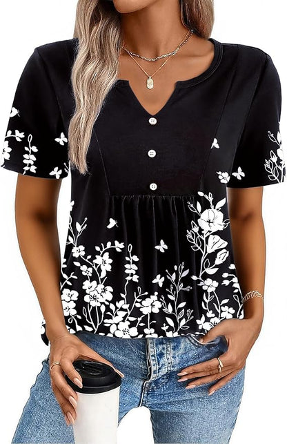 Zeagoo Womens Short Sleeve Tops Summer Henley V-Neck Tshirts Casual Pleated Blouse Dressy Loose Floral Basic Tee