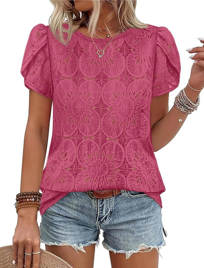 OFEEFAN Blouses for Women Dressy Casual Petal Short Sleeve Shirts Crochet Lace Boho Tops Spring Fashion Summer Outfits