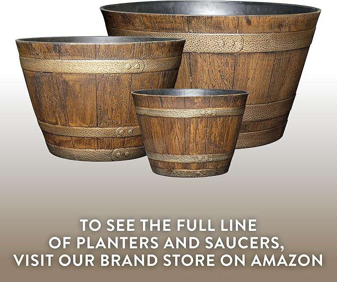 Classic Home & Garden Whiskey Barrel Planters - Wood Finish Flower Planter Pot - Decorative Garden Pots - Indoor & Outdoor Resin Planters - Weather-Resistant Planting Pots (9" Walnut Brown, Pack of 1)