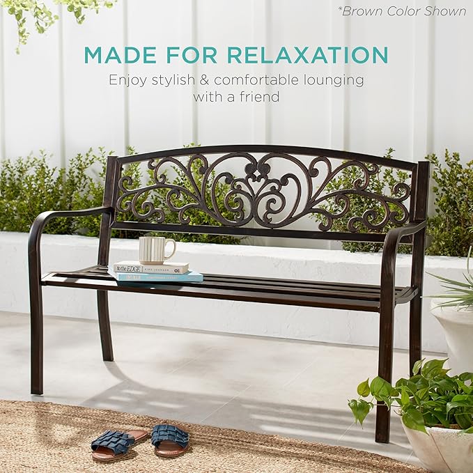 Best Choice Products Outdoor Bench Steel Garden Patio Porch Furniture for Lawn, Park, Deck w/Floral Design Backrest, Slatted Seat - Marigold