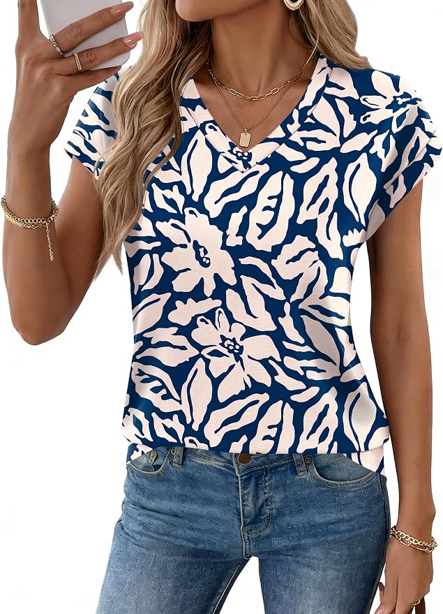 Rapbin Womens Summer Tops Women Blouses Dressy Casual V Neck T Shirts Short Sleeve Spring Tops for Women