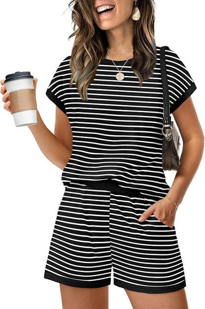 WIHOLL Two Piece Sets for Women Summer Lounge Short Sets Cap Sleeve Crew Neck Sweatsuit with Pocket XS-2XL