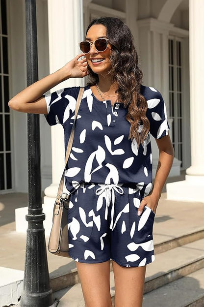 WIHOLL Two Piece Outfits for Women Lounge Sets Button Down Top and Shorts Set Sweatsuits with Pockets