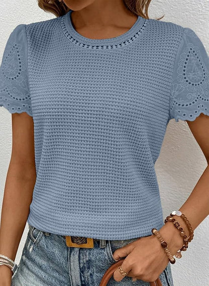 SHEWIN Womens Frenchy Summer Tops Crewneck Short Sleeve T Shirts Casual Waffle Knit Jacquard Blouses Top Shirts