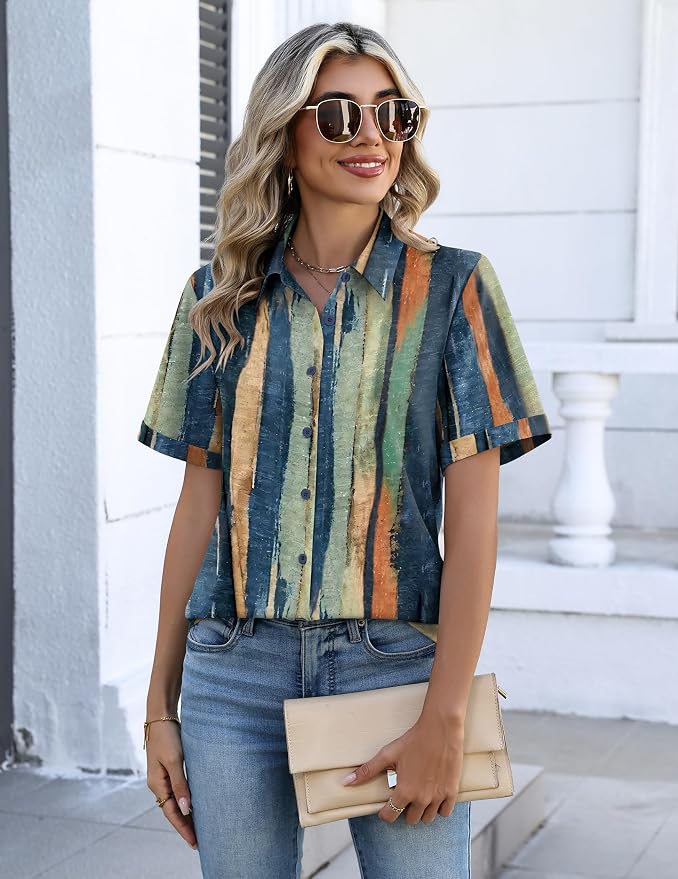 Zeagoo Button Down Shirts for Women Short Sleeve Collared Tops Dressy Casual V Neck Blouses
