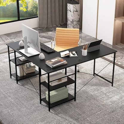 L-Shaped Home Office Desk, Corner Computer Desk w/Monitor Stand, Reversible PC Desk w/Heavy-Duty Metal Frame, Long Office Desk for 2 Person, Space-Saving Design (Black)