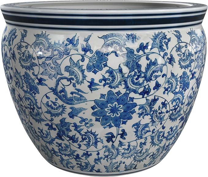 Red Lantern 16" Floral Blue & White Porcelain Fishbowl Planter