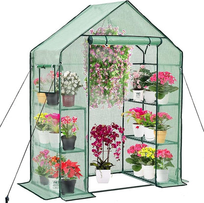 Walk-in Greenhouse for Outdoors w/ Mesh Side Windows, 3 Tiers 6 Shelves PE Cover Green House Portable Warm House for Seedling Flowers Growing 20 Pcs T-Type Plant Tags Include (GHW001G)