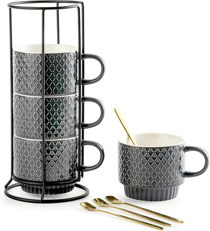 Gomakren Coffee Mugs Set of 4, 13oz Stackable Coffee Cup with Stand, Grey | Stackable Space-Saving, with 4 Spoons | Textured Grey Grid Stoneware Dishwasher Safe, for Coffee Milk Tea Cocoa & Gifting Use