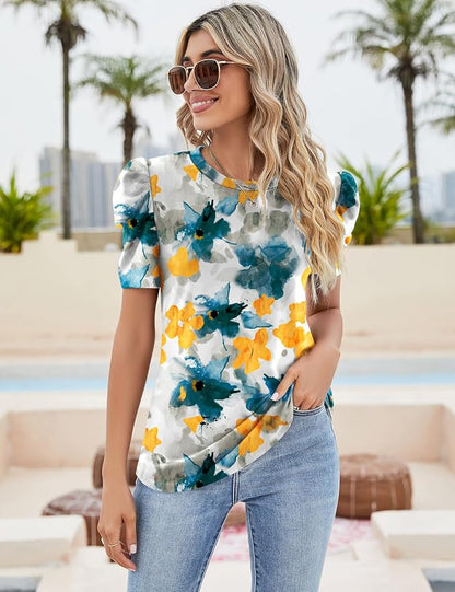 Ivicoer Puff Short Sleeve Shirt for Women Eyelet Tops Summer Crewneck Blouse Loose Fit S-XXL