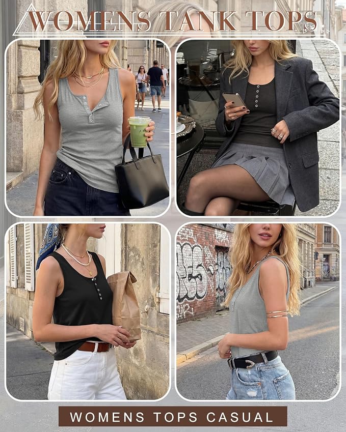 Ficerd 3 Pack Women's Henley Tank Tops Sleeveless Button Down Summer Shirts 2026 Casual Trendy Loose U Neck Tee Blouses