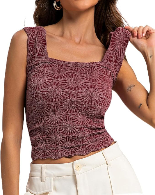 Women's Square Neck Wide Strap Crop Tank Tops Flower Going Out Tops Slim Fit Lettuce Trim Crop Cami Tops