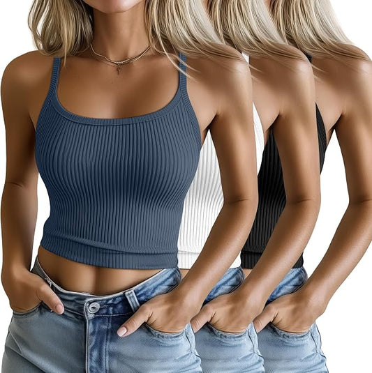 Ficerd 3 Pack Women's Tank Tops 95% Cotton Spaghetti Strap Ribbed Crop Camisole Slim Fitted Basic Summer Sleeveless Layer