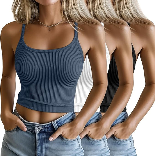 Ficerd 3 Pack Women's Tank Tops 95% Cotton Spaghetti Strap Ribbed Crop Camisole Slim Fitted Basic Summer Sleeveless Layer