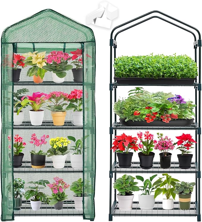 Mini Greenhouse for Indoor Outdoor,Plant Green House 4-Tier Rack Stand Portable Greenhouses with Durable PE Cover for Seedling, 2.5x1.6x5.2 FT Ideal Gardening Gifts for Women Men(PLGH704G)