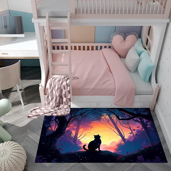 Magic Black Cat Rug - Moon Cat Rug for Girls Room Forestscape Cat Area Rug Black Cat Door Mat Colorful Rug with Black Cat Pattern, 2.5x4 Feet