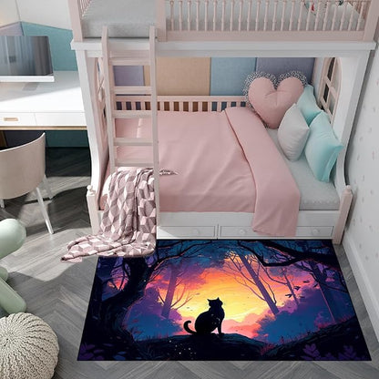 Magic Black Cat Rug - Moon Cat Rug for Girls Room Forestscape Cat Area Rug Black Cat Door Mat Colorful Rug with Black Cat Pattern, 2.5x4 Feet