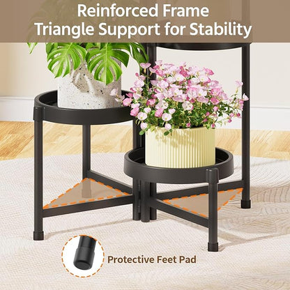 LASZOLA 5 Tiered Folding Plant Stand Indoor for Multiple Large Planter, Tall Heavy Duty Adjustable Rack with Rust Proof Plastic Shelving, Sturdy Vertical Tree Organizer for Narrow Inside Floor, Black