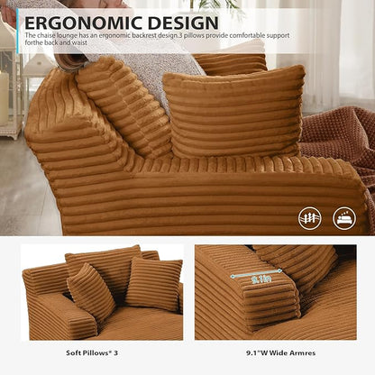 50 Inches Chaise Lounge Indoor, Oversized Chaise Lounge Chair with 3 Throw Pillows and Armrests, Corduroy Upholstered Plush Sofa Bed Lazy Chair Bed Sleeper Chair for Living Room Apartment (Orange)