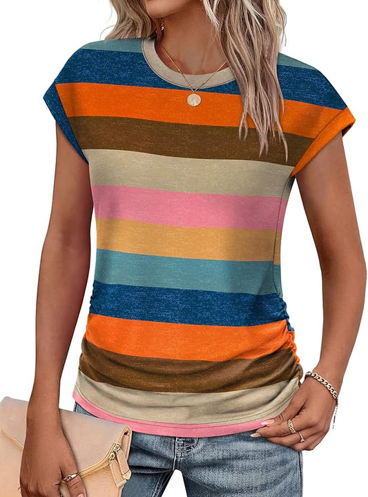 Sampeel Womens Summer Tops Trendy 2026 Ruched Cap Short Sleeve Tshirts Shirts Crew Neck T Shirts Fashion