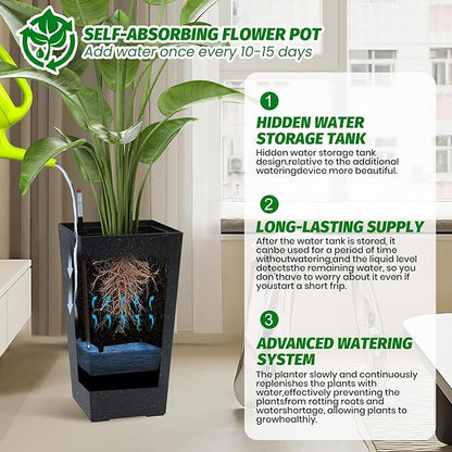 GarveeLife 22.5" Tall Planters Set of 2, Outdoor&Indoor Black Planter Pots, High Front Porch Planter Pots With Drainage Holes&Water Level Monitor&Inner Bucket, Automatic Watering, Black and White Dots