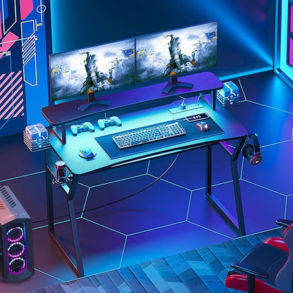 Gaming Desk with Power Outlet&Led Lights, Computer Desk with Monitor Stand and Open Shelf,Gamer Table Workstation with Cup Holder, Headphone Hook, 2 Speaker Stand for Home Office