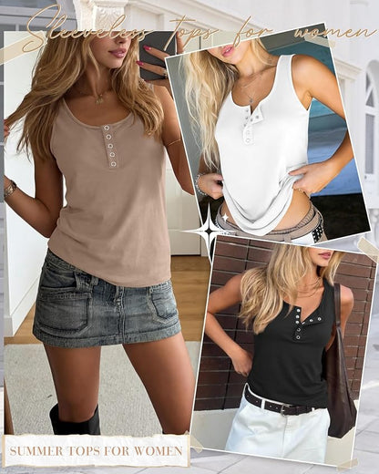 Ficerd 3 Pack Women's Henley Tank Tops Sleeveless Button Down Summer Shirts 2026 Casual Trendy Loose U Neck Tee Blouses