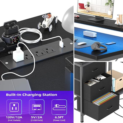 L Shaped Desk with Power Outlets & LED Lights, Computer Desk with Drawers & Shelves, Corner Desk Gaming Desk Home Office Desk, Black