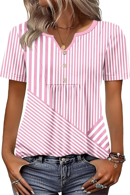 Zeagoo Womens Short Sleeve Tops Summer Henley V-Neck Tshirts Casual Pleated Blouse Dressy Loose Floral Basic Tee
