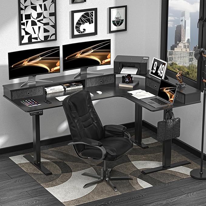 L Shape Standing Desk, 67 * 48 Inches Adjustable Height Standing Desk with 4 Drawers, Corner Electric Standing Desk with Monitor Stand for Home Office, Classic Black