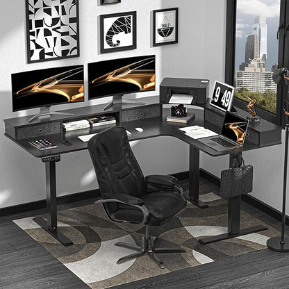 L Shape Standing Desk, 67 * 48 Inches Adjustable Height Standing Desk with 4 Drawers, Corner Electric Standing Desk with Monitor Stand for Home Office, Classic Black