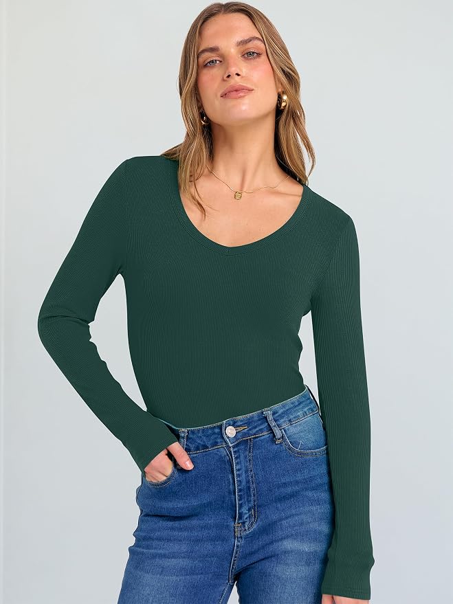ANRABESS Long Sleeve V Neck Shirts for Women | Soft Comfy Ribbed Knit Fitted Tshirts, Casual Going Out Tops, 2026 Trendy Basic, Fall Winter Underscrub Layering Clothes