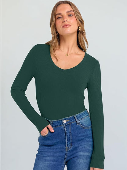 ANRABESS Long Sleeve V Neck Shirts for Women | Soft Comfy Ribbed Knit Fitted Tshirts, Casual Going Out Tops, 2026 Trendy Basic, Fall Winter Underscrub Layering Clothes