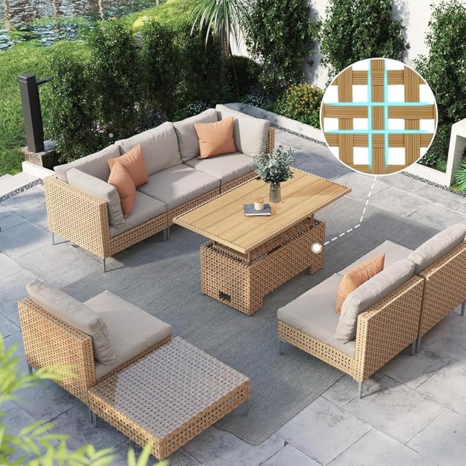 Grand patio 8-Piece Wicker Patio Furniture Set with Lift Top Coffee Storage Table, Outdoor Conversation Set Sectional Sofa with Water Resistant Thick Cushions, Cream