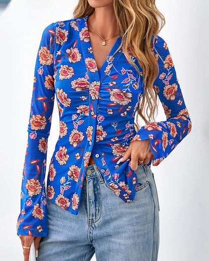 BTFBM Button Down Shirts for Women 2026 Fall Boho Tops V Neck Long Sleeve Blouses Ruched Mesh Fitted Fashion Clothing