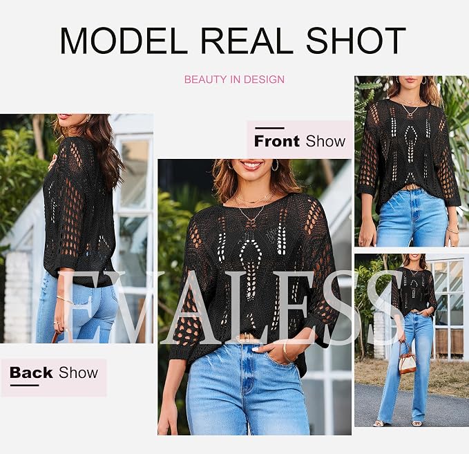 EVALESS Womens Crochet Hollow Out Knit Tops Half Sleeve Spring Summer Sweaters Beach Cover Ups for Women Trendy 2026