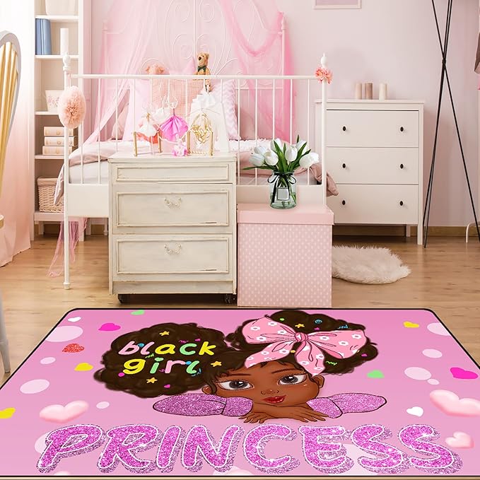 African American Rugs for Girls Room Black Girls Room Decor Rugs Princess Room Decor Rugs for Girls Bedroom Kids Rugs for Bedroom Girls Teen Living Room Soft Floor Mats, Pink, 2'6''×4'