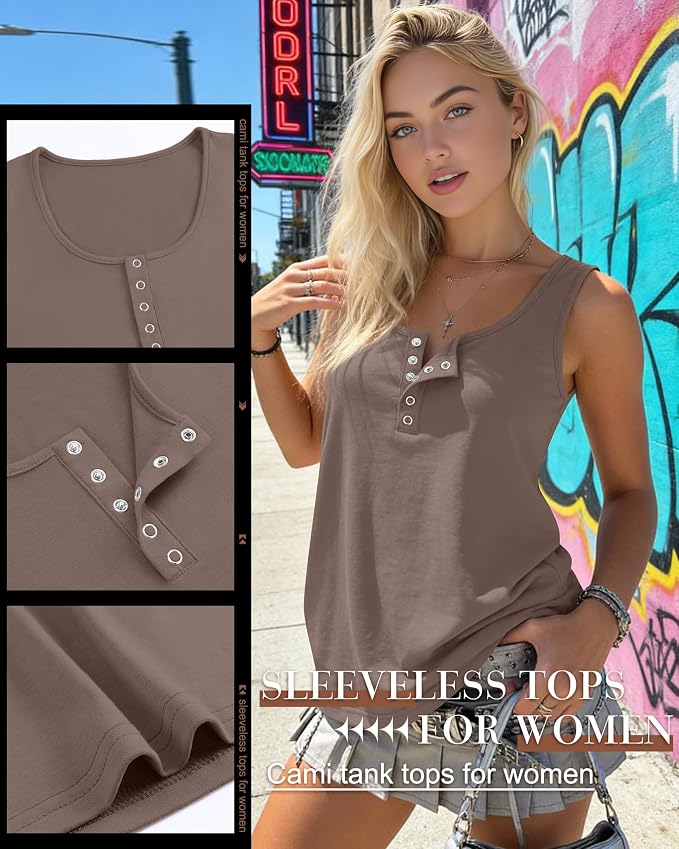 Ficerd 3 Pack Women's Henley Tank Tops Sleeveless Button Down Summer Shirts 2026 Casual Trendy Loose U Neck Tee Blouses