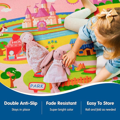 Booooom Jackson Pink Rug for Bedroom Girls,Non Slip Kids Rug Pink Castle Rug,Pink Area Rug, Kids Play Rug,Pink Rug for Kids Room Nursery Playroom Home Decor, Pink Classroom Carpets Preschool,Dorm Rug