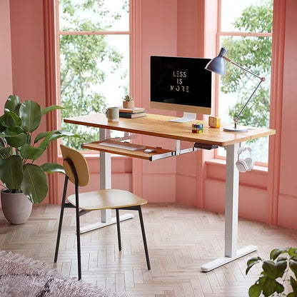 BANTI 63" x 24" Height Adjustable Electric Standing Desk with Keyboard Tray, Sit Stand up Desk with Splice Board, White Frame/Light Rustic Brown Top