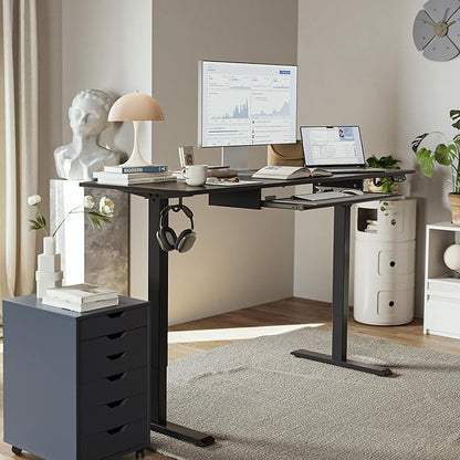 Height Adjustable Desk with Keyboard Tray, 48 x 24 Inches Electric Standing Desk, Stand up Computer Table with Memory Preset, Gaming Modern Lift Motorized Gaming Workstation, Black