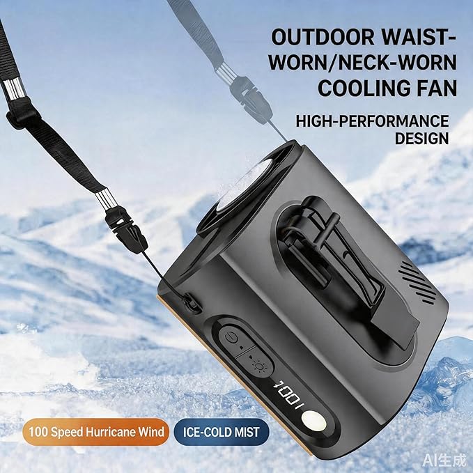 2026 AI Wearable Waist/Neck Hanging Fan,with Ice Cooler & Flashlight,10000mAh Rechargeable Clip On Belt Cooling Fan, 100-Speed 16000RPM Personal Body Fan,25H Work Time for Outdoor, Jobsite,Camping