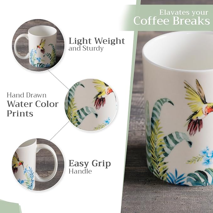 Maison d' Hermine Coffee Mug with Handles Tea Cups (15 Ounce, Pack of 2) | Fine Bone China Coffee Mugs for Hot Beverages Cappuccino Latte Home Restaurant Hotel Spring Summer -Tropiques