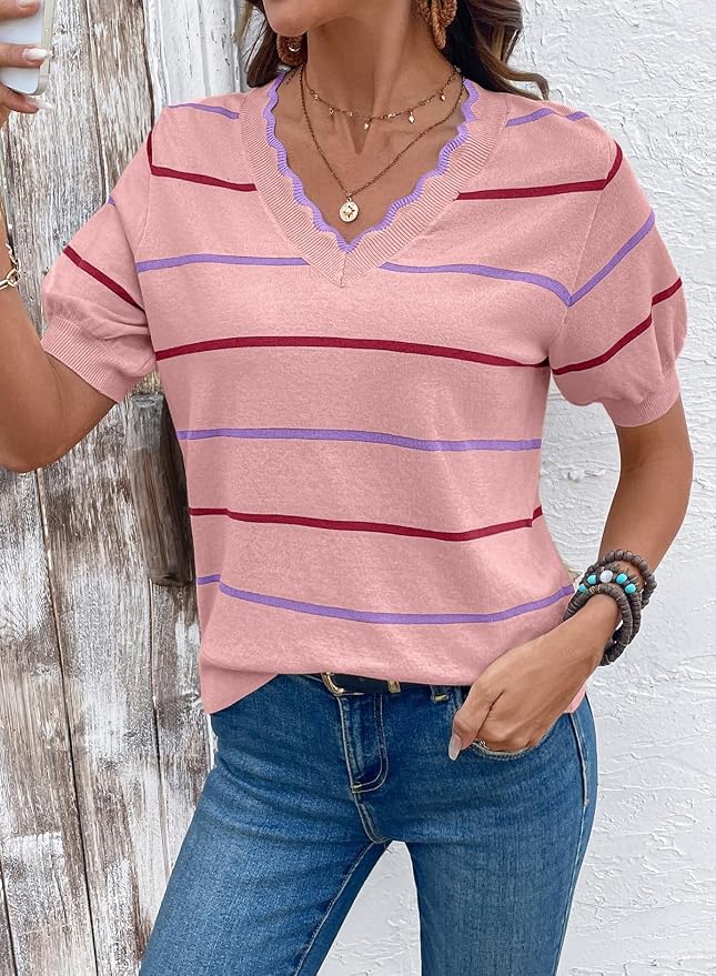 Dokotoo Womens Summer Short Sleeve Knit Tops 2026 Spring Trendy Casual V Neck Striped Sweater Blouses