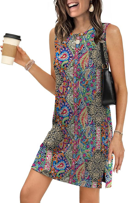 WIHOLL Casual Dresses for Women Crewneck Sleeveless Tank Dress Summer Spring Boho Vacation Clothes