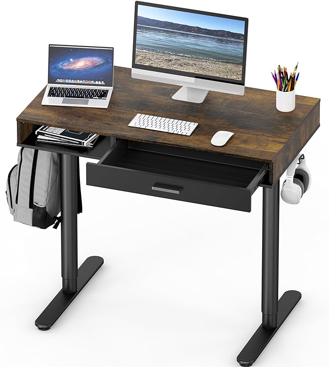 SHW Claire 40 Inch Height Adjustable Electric Standing Desk with Storage Space and Drawer, Rustic Brown