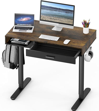 SHW Claire 40 Inch Height Adjustable Electric Standing Desk with Storage Space and Drawer, Rustic Brown